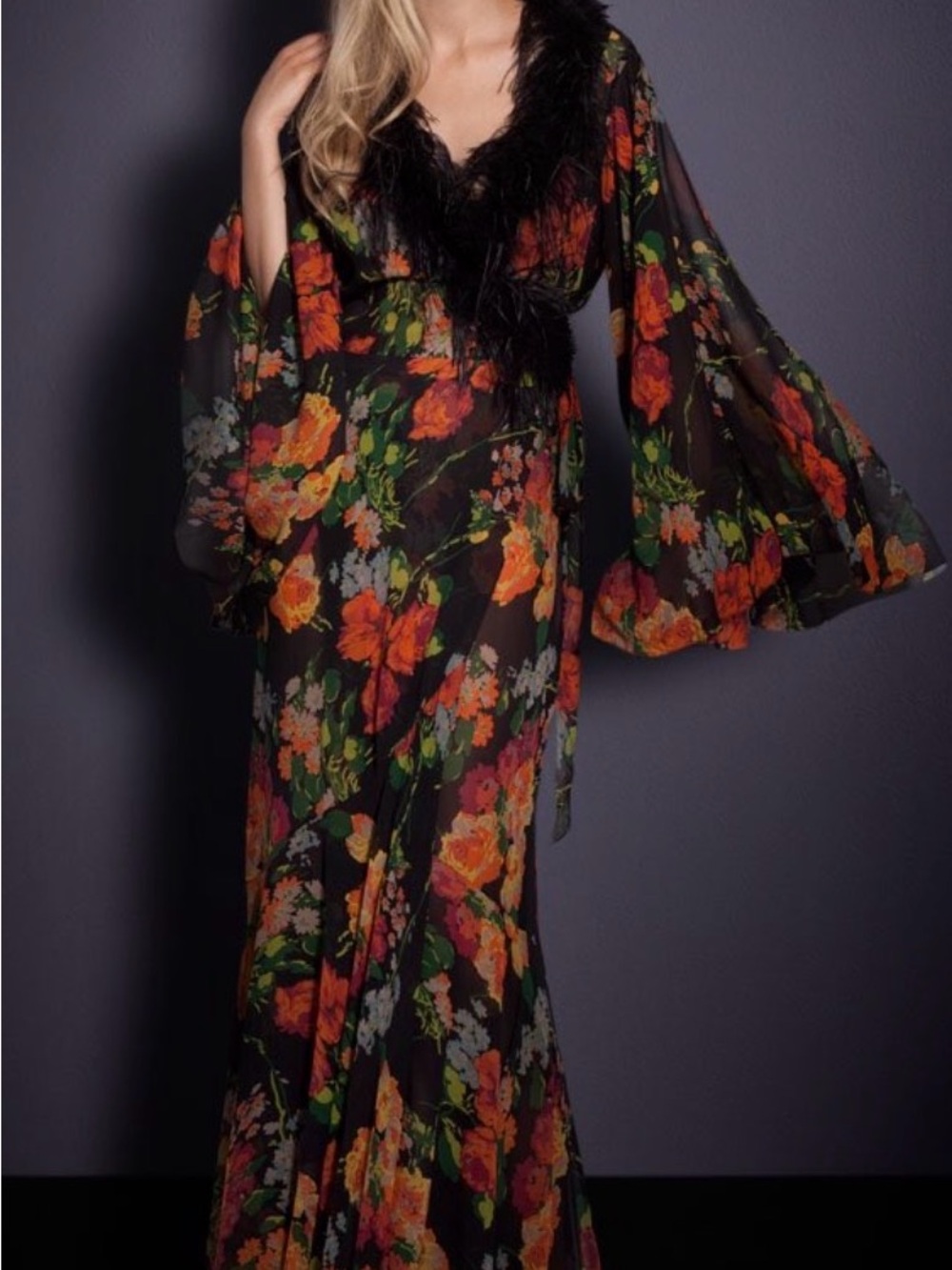 Fleura Agent Provocateur Silk Sheer Floral Maxi Robe with Feather Trim